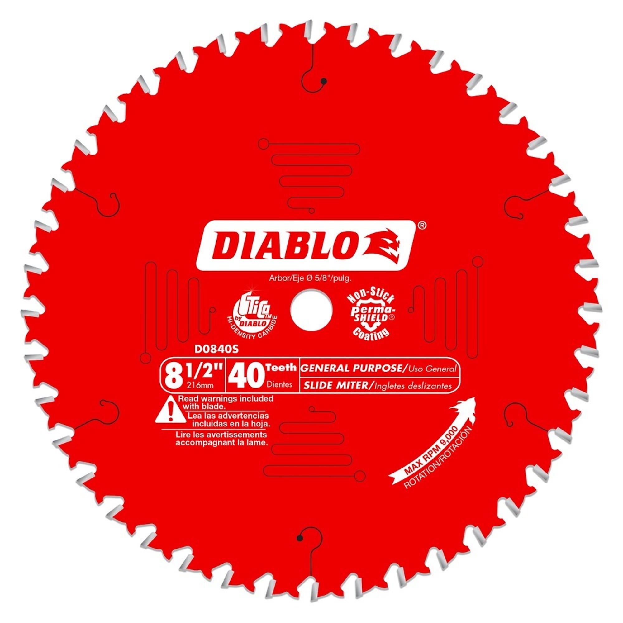 Diablo, 8 1/2 x 40 General Purp. Blade, Blade Diameter 8 1/2 in, Teeth Per Inch 40 TPI, Included (qty.) 1, Model# D0840S